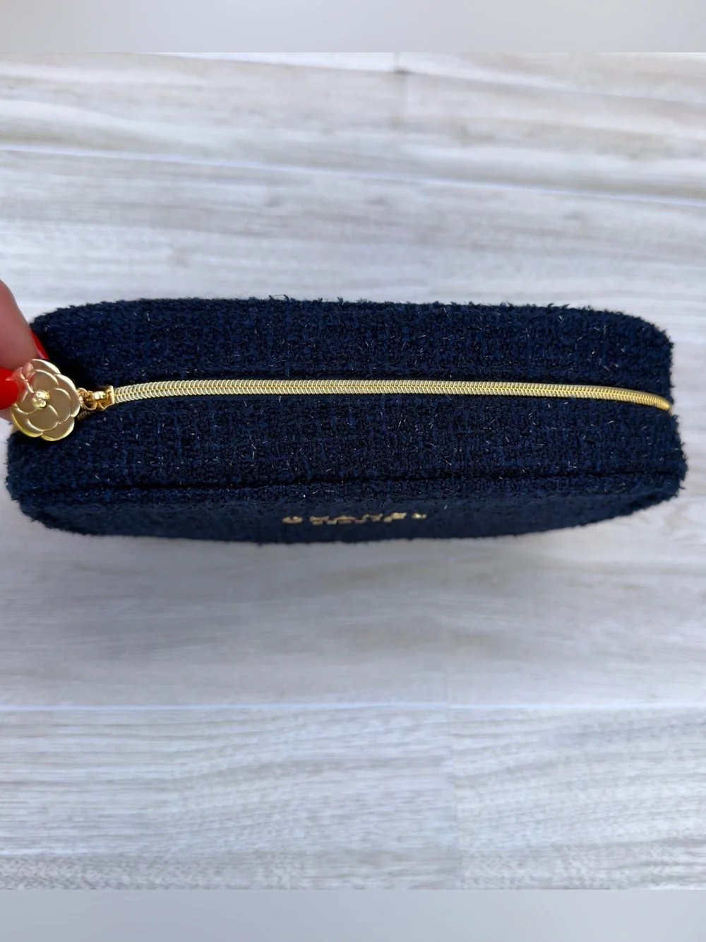 CHANEL Beauté Navy Tweed Cosmetic Makeup Bag Gold Camellia Zip Pouch